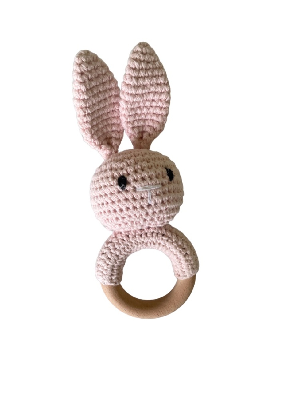 Pink Bunny Crochet Baby Rattle with Wooden Ring